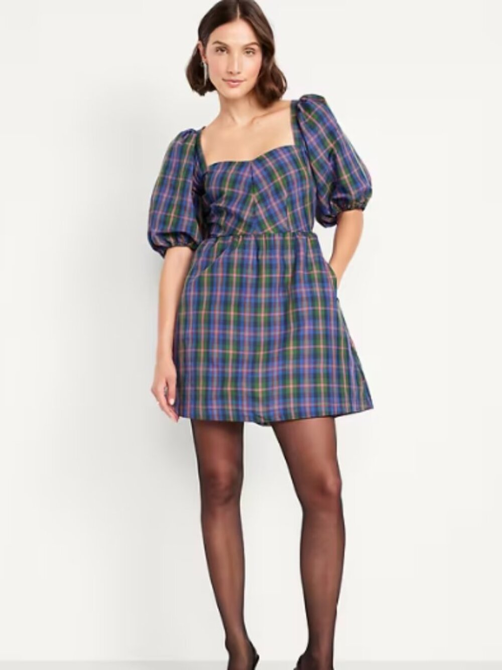 Old Navy Plaid Puff-Sleeve Fit & Flare Taffeta Mini Dress NWOT